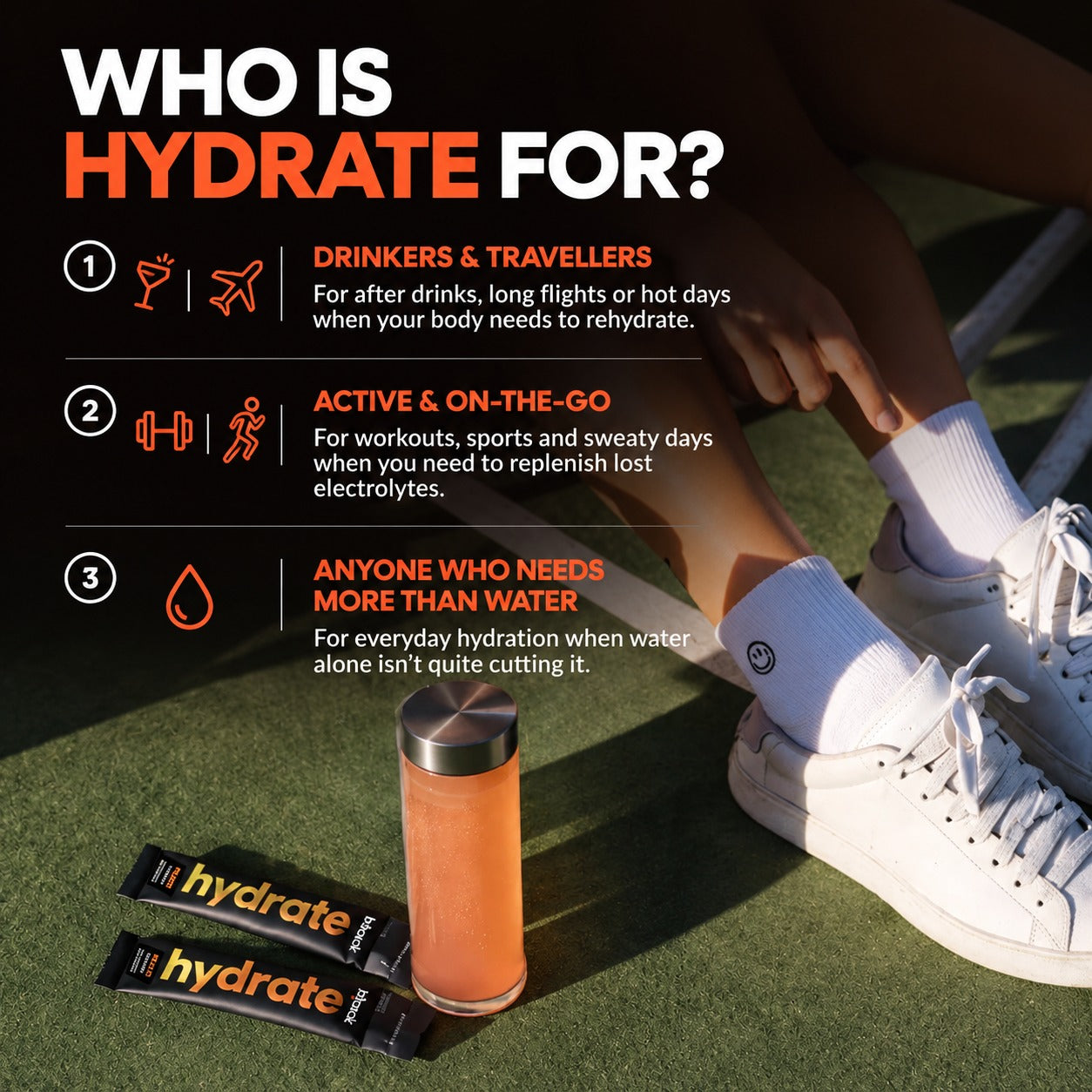 Who bback hydrate is for, with a glass of hydrate and sachets on grass
