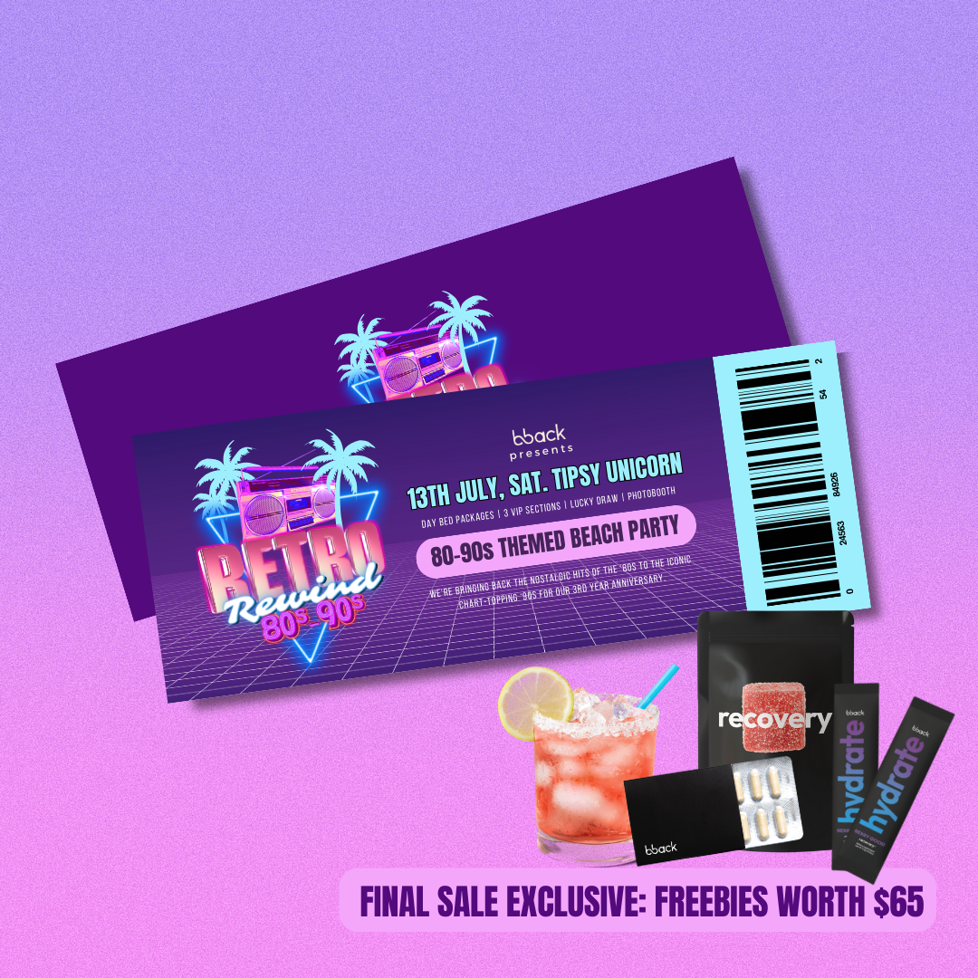 RETRO REWIND TICKET [incl. 1 drink + 1 sleeve + 1 DHM gummy + 2 hydrate sachets]