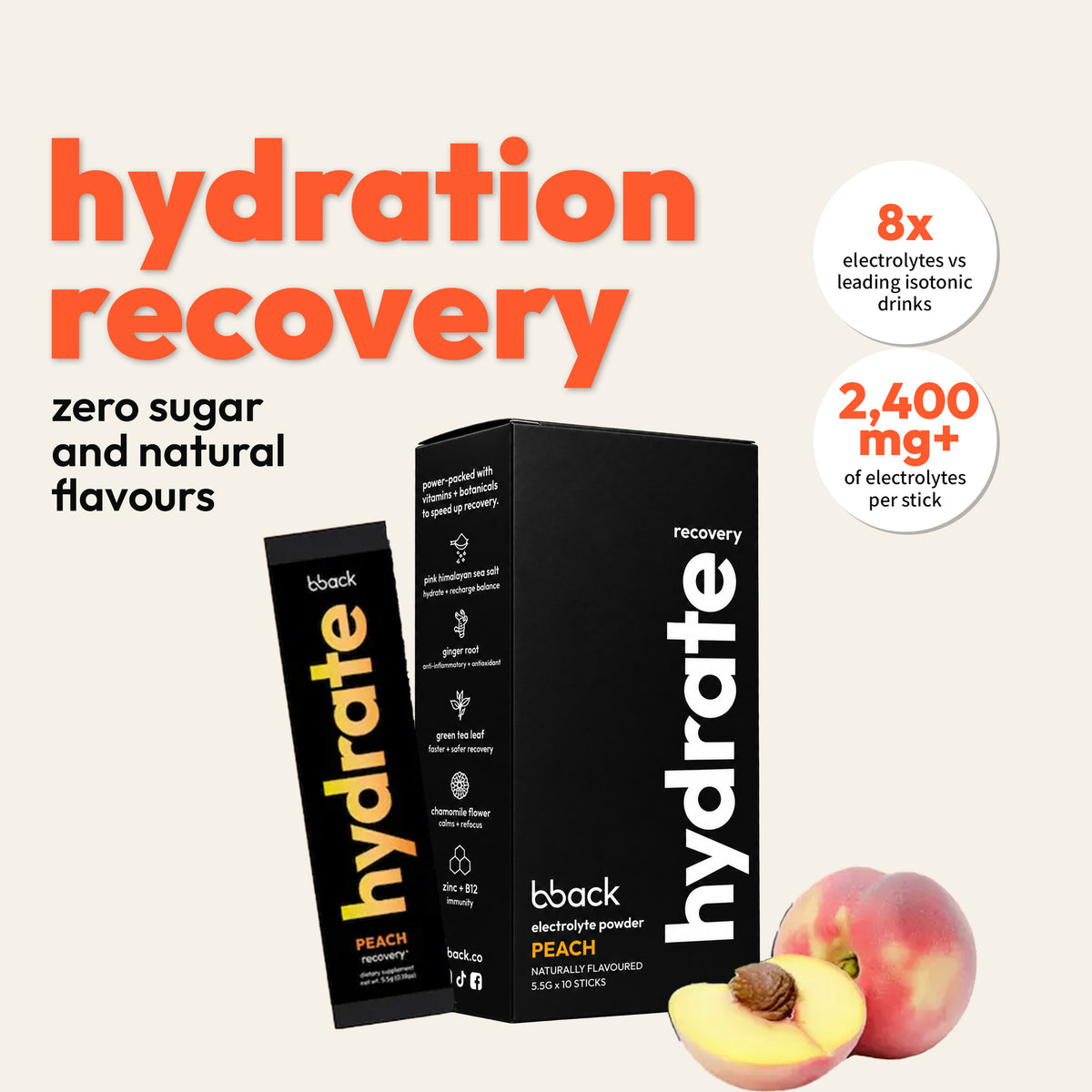 [UP TO 40% OFF]  bback hydrate | zero sugar electrolyte hydration sachets for exercise recovery (Peach - EXP JUL 27)