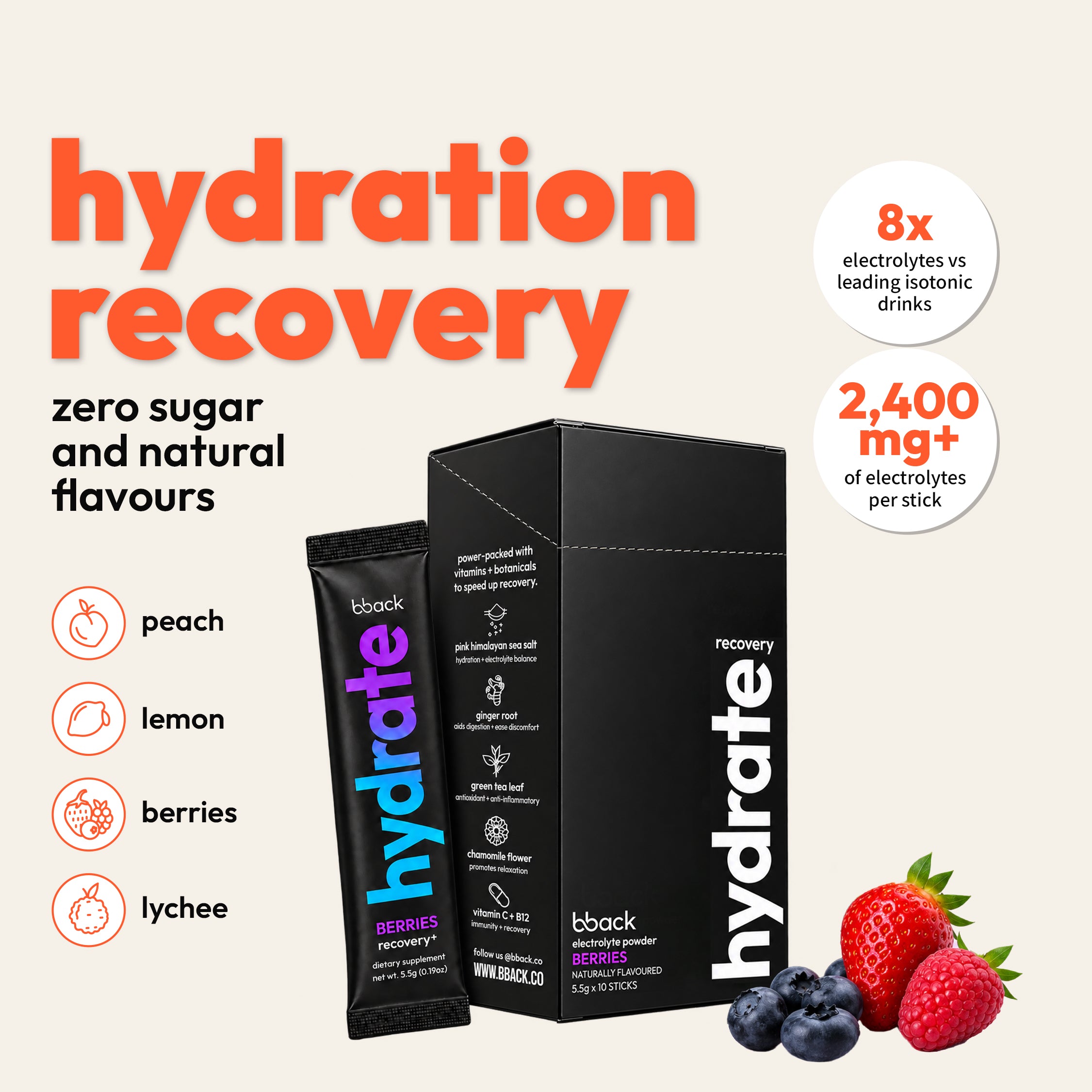 bback hydrate zero-sugar electrolyte drink mix in lemon, peach, lychee and berry